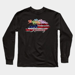 Derby Day Kentucky Map US Flag Retro Cute Horse Racing Lover Gifts Long Sleeve T-Shirt